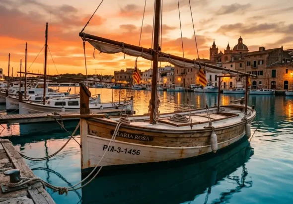 Barco tradicional llaüt en un puerto de Baleares durante el atardecer.