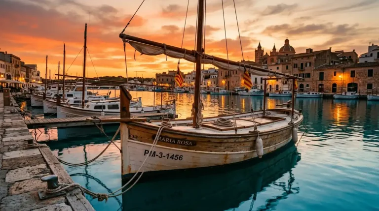 Barco tradicional llaüt en un puerto de Baleares durante el atardecer.