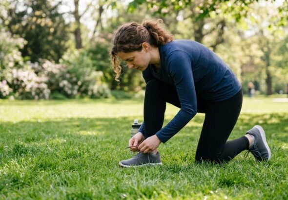 Imagen que muestra a una estudiante con ropa deportiva atándose las zapatillas entrenando para las becas de excelencia deportiva de Madrid