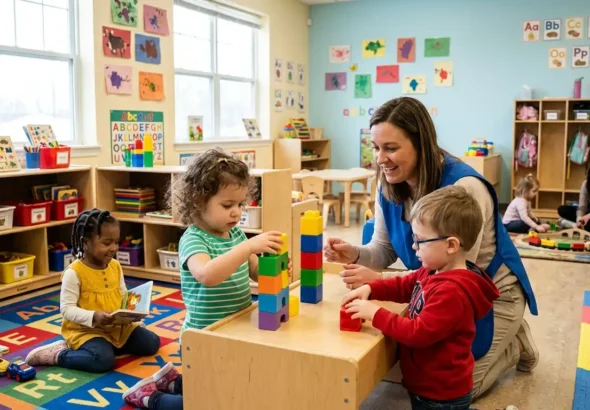 Imagen que muestra una guardería en madrid con niños jugando que reciben las becas de infantil
