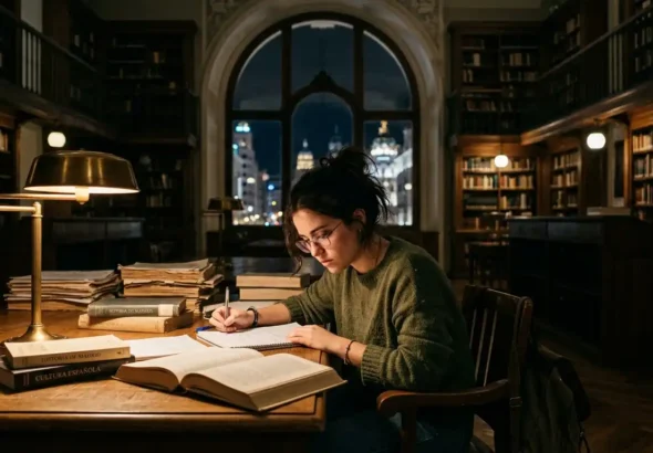 Imagen que muestra una persona estudiando en una de las bibliotecas de Madrid con horario nocturno en 2026