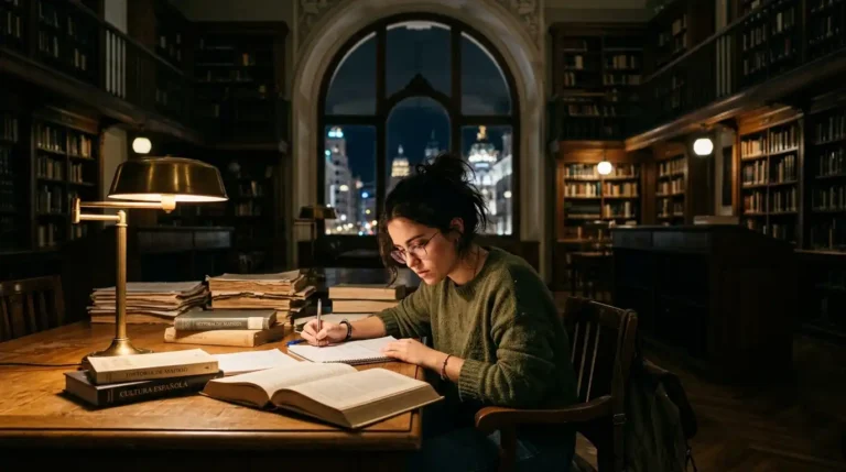 Imagen que muestra una persona estudiando en una de las bibliotecas de Madrid con horario nocturno en 2026
