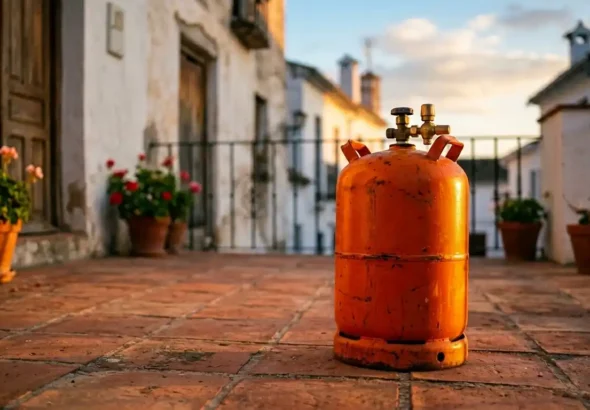 Imagen de una bombona de butano de color naranja en la puerta de una casa.