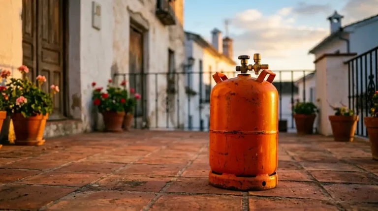 Imagen de una bombona de butano de color naranja en la puerta de una casa.
