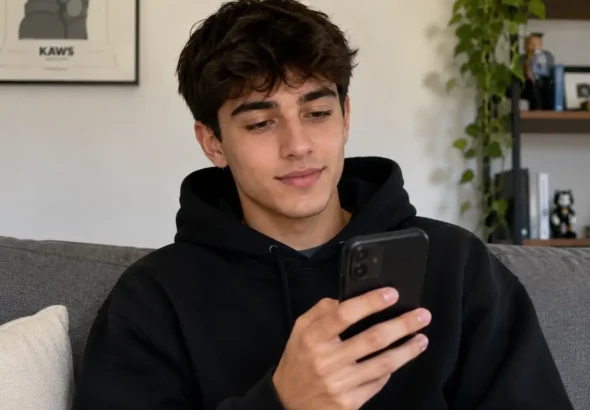 Un chico de 18 años mirando su móvil para solicitar el bono cultural joven de 2026