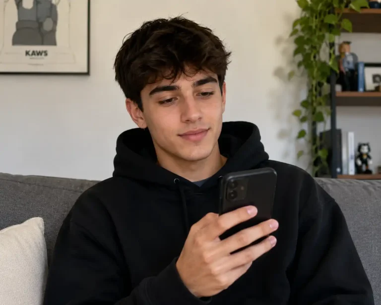 Un chico de 18 años mirando su móvil para solicitar el bono cultural joven de 2026
