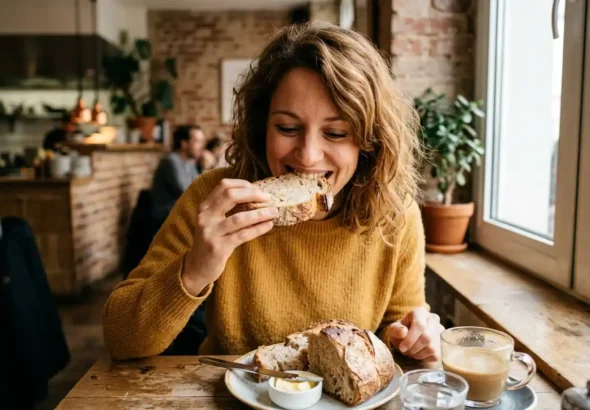 Imagen que muestra a una persona que sufría celiaquía comiendo pan . Recreación digital