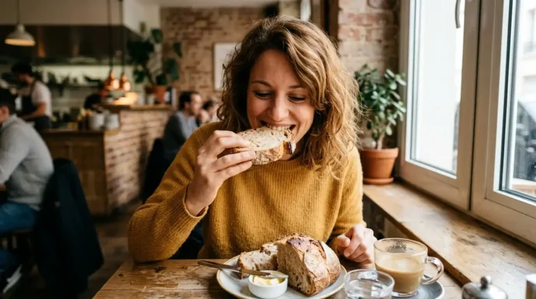 Imagen que muestra a una persona que sufría celiaquía comiendo pan . Recreación digital