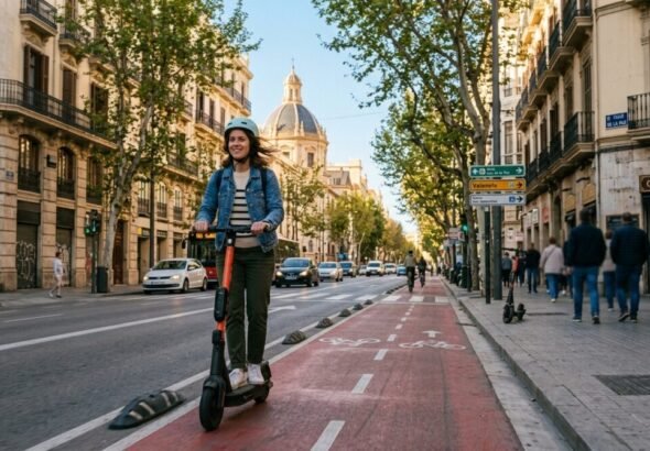 Imagen de una chica circulando por una calle de Valencia en patinete. Recreación digital