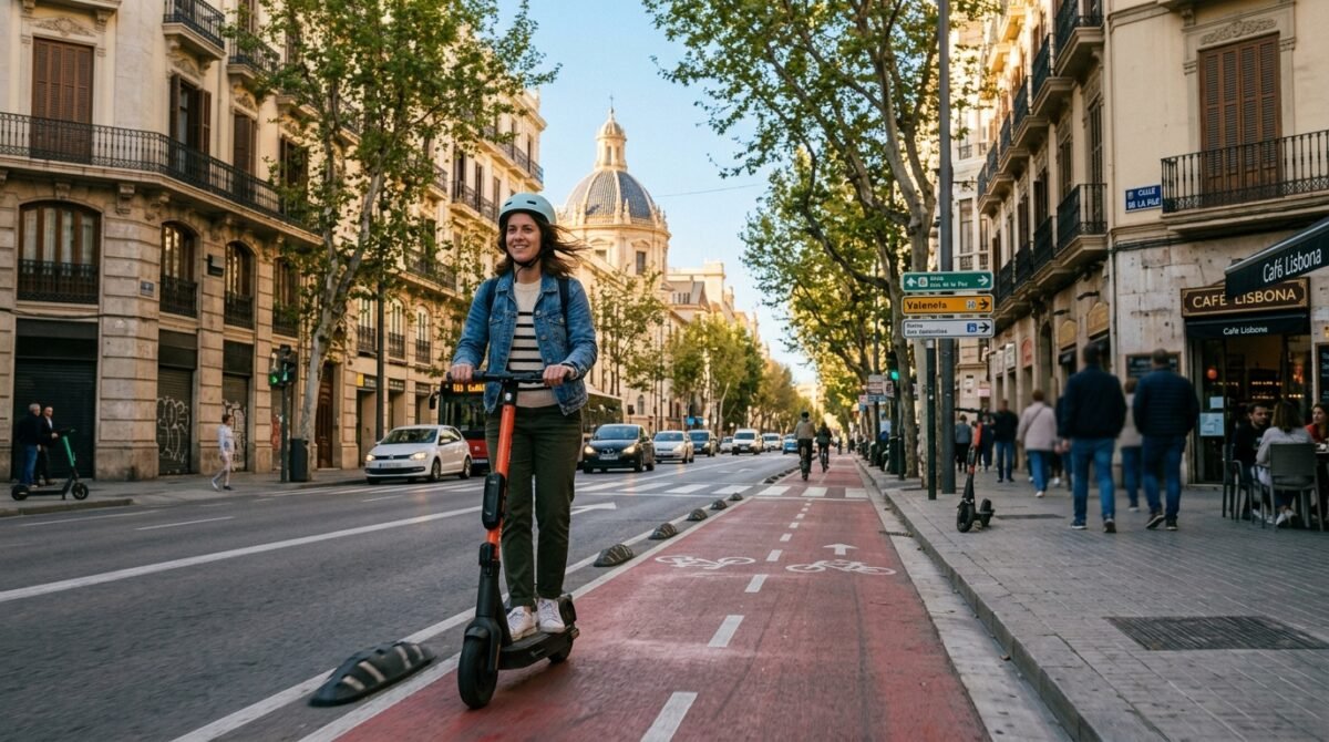 Imagen de una chica circulando por una calle de Valencia en patinete. Recreación digital