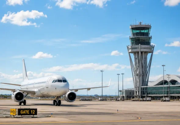 Imagen que muestra una pista de vuelo con un avión sobre la nueva conectividad aérea