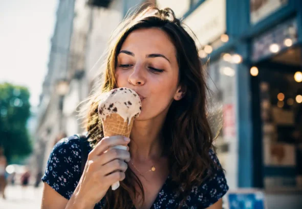 Imagen que muestra a una persona comiendo un helado en una calle soleada con el nuevo convenio froneri