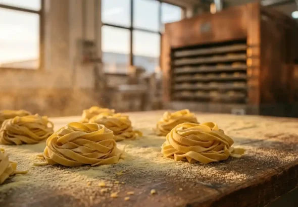 Nidos de pasta fresca esparcidos sobre una mesa rústica con harina, ilustrando el nuevo convenio pastas alimenticias.