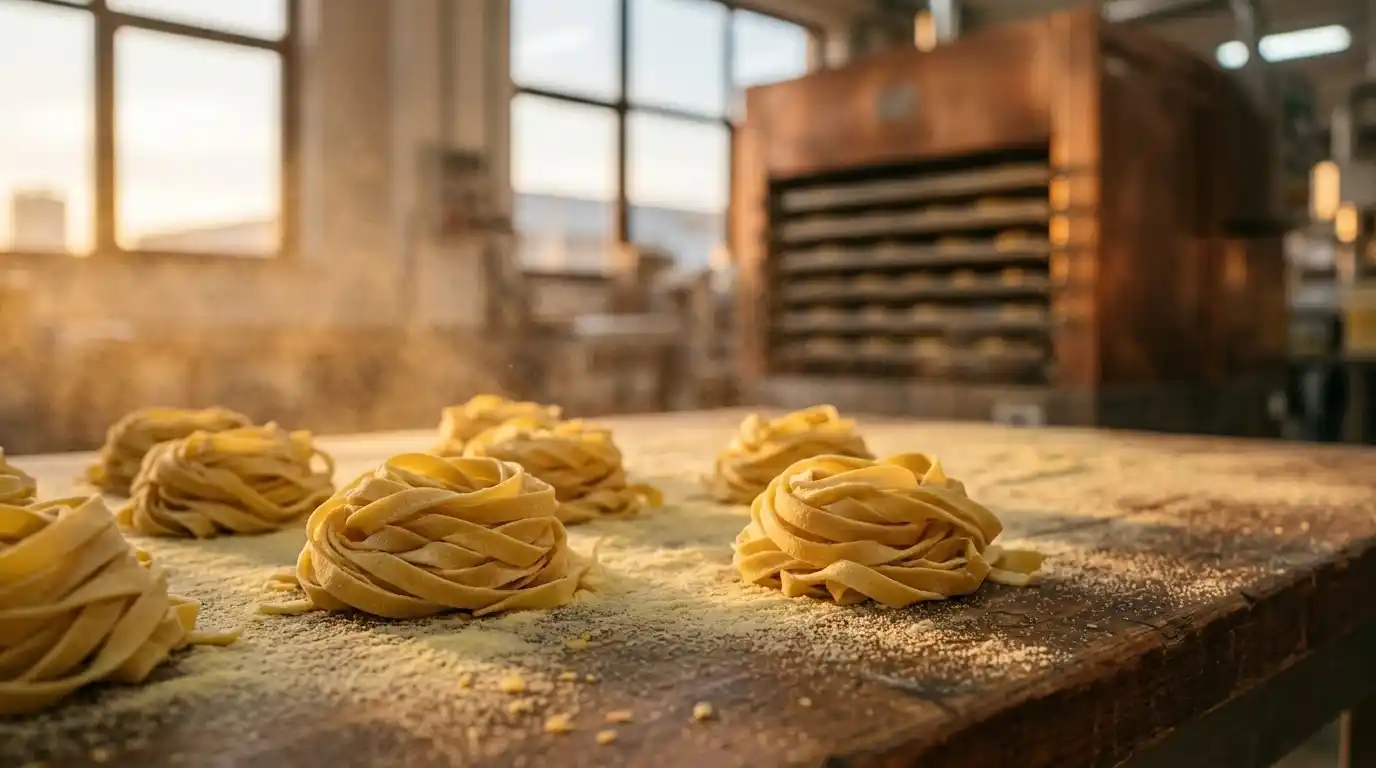 Nidos de pasta fresca esparcidos sobre una mesa rústica con harina, ilustrando el nuevo convenio pastas alimenticias.