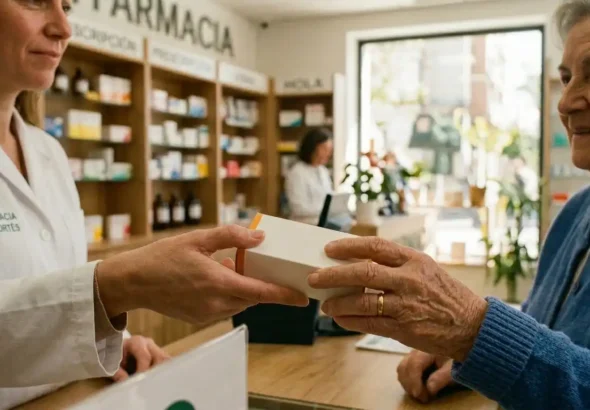 Imagen que muestra a una persona mayor en la farmacia abonando el copago de sus medicamentos