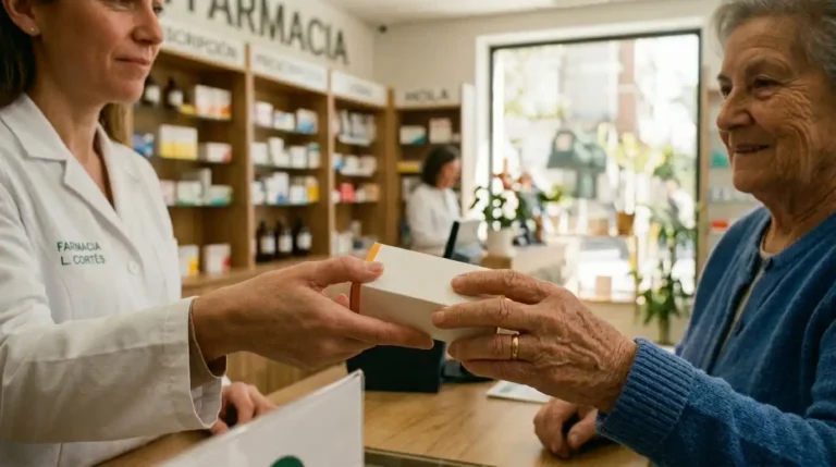 Imagen que muestra a una persona mayor en la farmacia abonando el copago de sus medicamentos