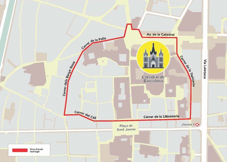 ¿Qué calles cierran por completo en Barcelona durante la visita del Papa León XIV? Imagen que muestra los cortes de tráfico en la zona de la Catedral de Barcelona por la visita del Papa León XIV