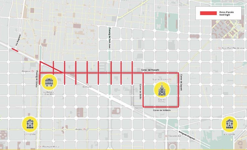 ¿Qué calles cierran por completo en Barcelona durante la visita del Papa León XIV? Imagen que muestra los cortes de tráfico en la zona de la Sagrada Familia de Barcelona por la visita del Papa León XIV