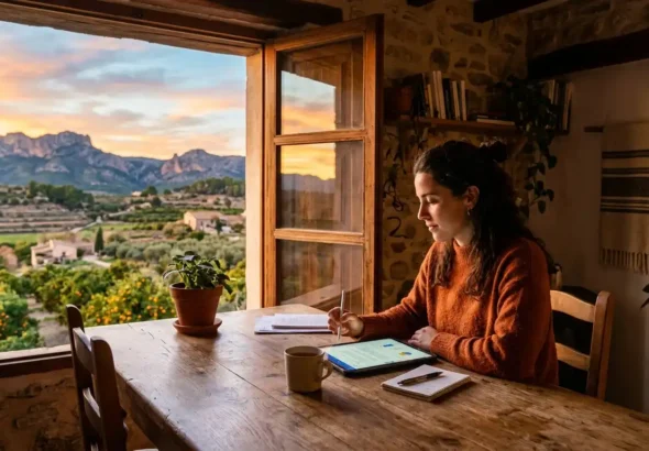 Mujer joven emprendedora trabajando con tecnología en una zona rural de la Comunitat Valenciana con las ayudas formación rural