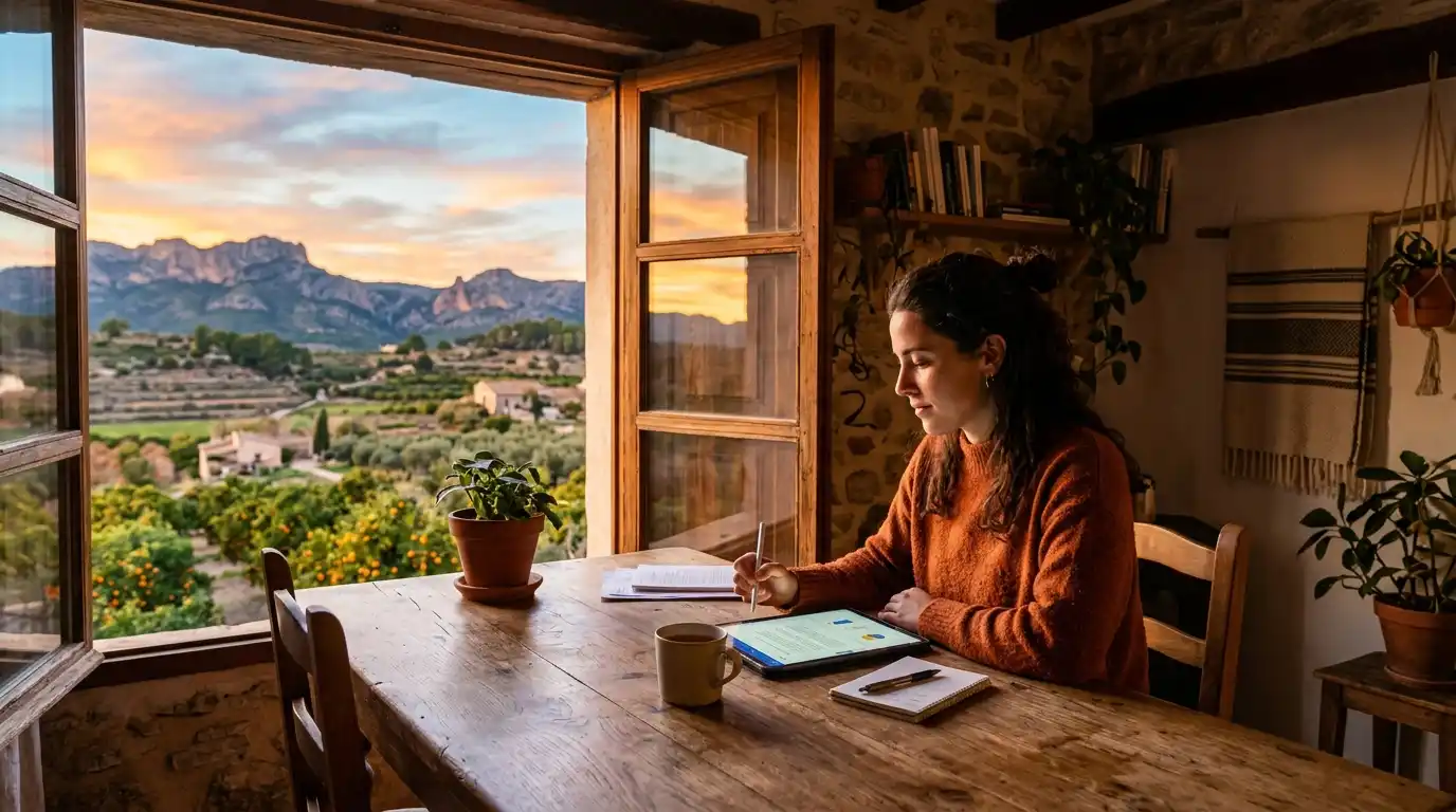 Mujer joven emprendedora trabajando con tecnología en una zona rural de la Comunitat Valenciana con las ayudas formación rural