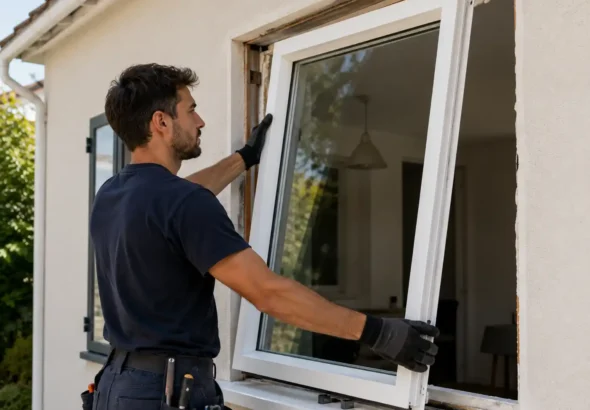 Imagen que muestra a un trabajador cambiando una ventana de una casa en Navarra con la nueva deducción fiscal.