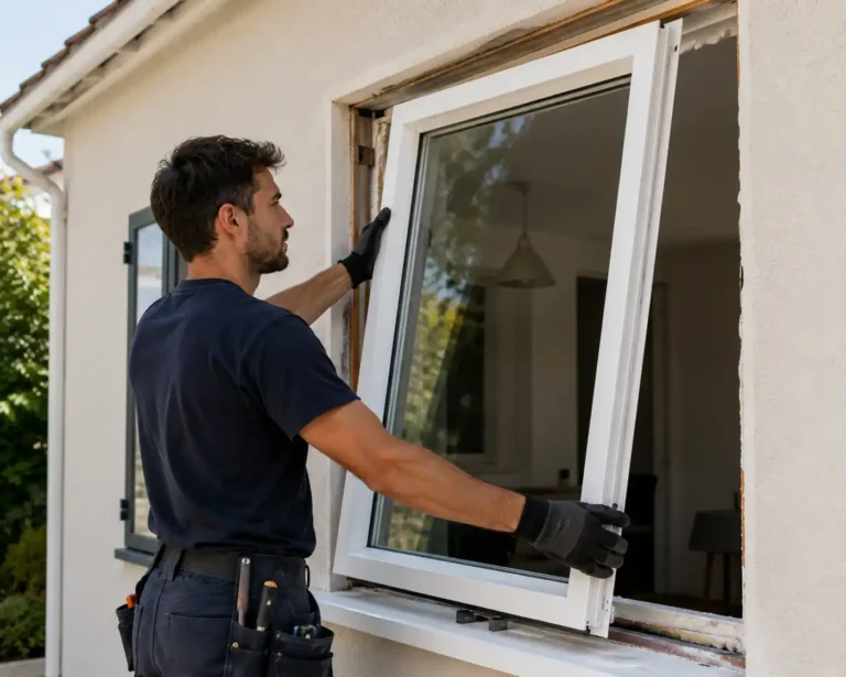 Imagen que muestra a un trabajador cambiando una ventana de una casa en Navarra con la nueva deducción fiscal.