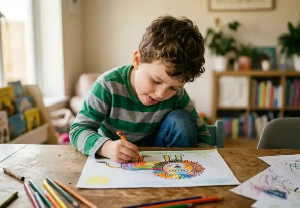 Un niño haciendo un dibujo en Valencia para el concurso de dibujo de la Feria de los animales