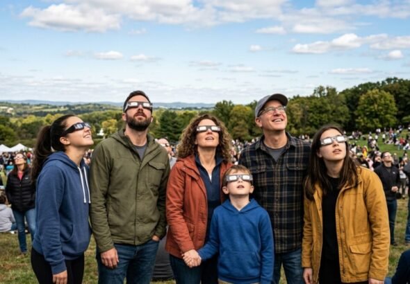 Imagen que muestra a unas personas viendo el eclipse de agosto de 2026 con gafas de seguridad