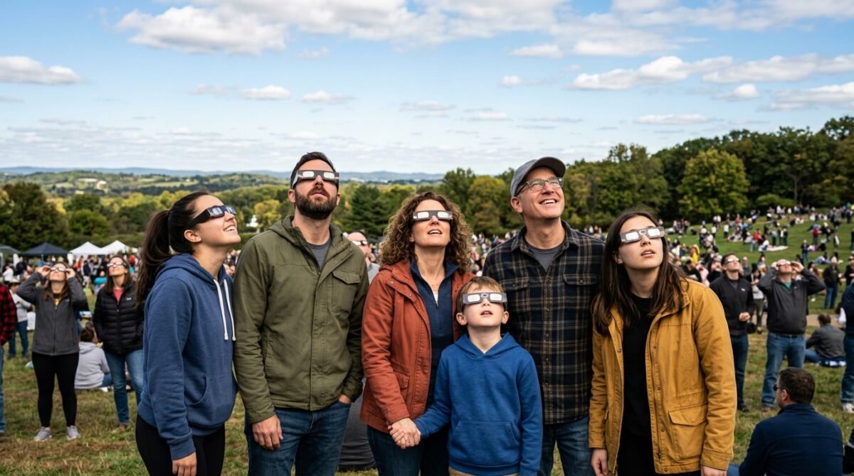 Imagen que muestra a unas personas viendo el eclipse de agosto de 2026 con gafas de seguridad