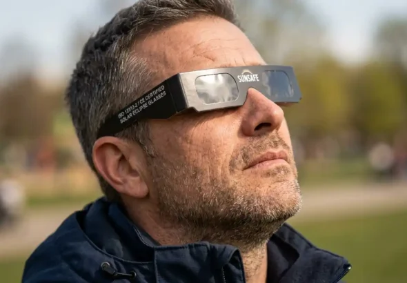 Un chico está observando el eclipse de Valencia en la Malvarrosa de 2026