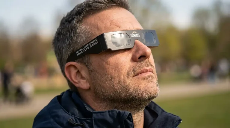Un chico está observando el eclipse de Valencia en la Malvarrosa de 2026