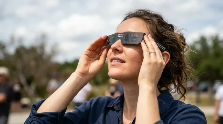 Imagen que muestra a una persona observando un eclipse con las gafas de protección para la salud ocular
