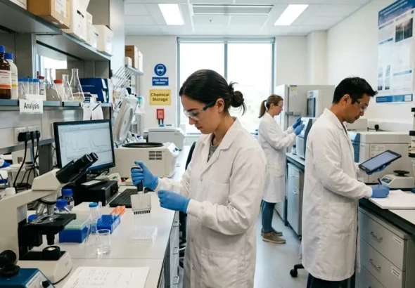Personas trabajando en un laboratorio con la oferta de empleo 2026