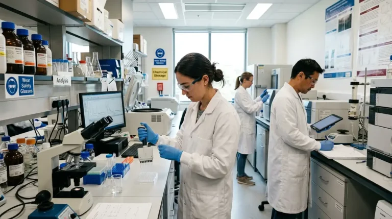 Personas trabajando en un laboratorio con la oferta de empleo 2026