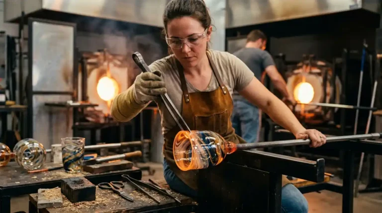 Una persona está trabajando con vidrio caliente para hacer un vaso, sobre el nuevo convenio de vidrio y cerámica