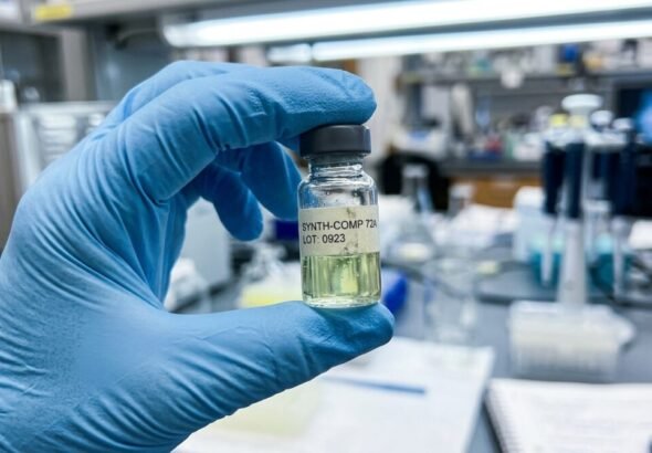 Vial de laboratorio comparando la potencia de nuevos opioides con el fentanilo.