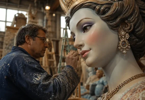 Imagen que muestra a un artista fallero trabajando de cerca con una gran figura para las fallas municipales 2027. Recreación digital.