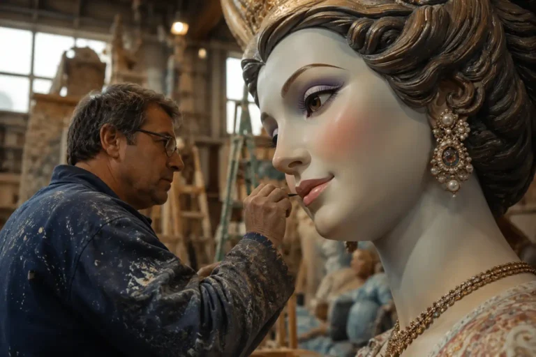 Imagen que muestra a un artista fallero trabajando de cerca con una gran figura para las fallas municipales 2027. Recreación digital.