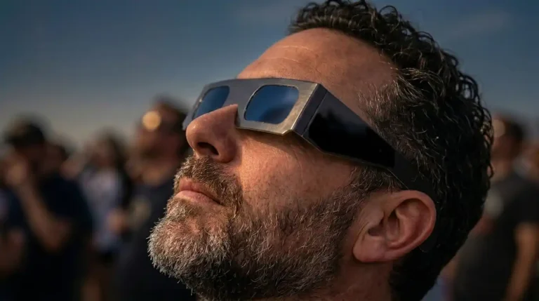 Una persona está observando con las gafas el eclipse solar en España de 2026