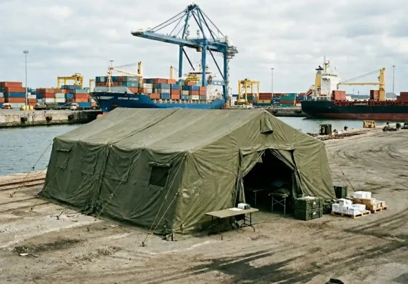 Imagen de una tienda de campaña para atender a los evacuados de hantavirus del MV Hondius. Recreación digital