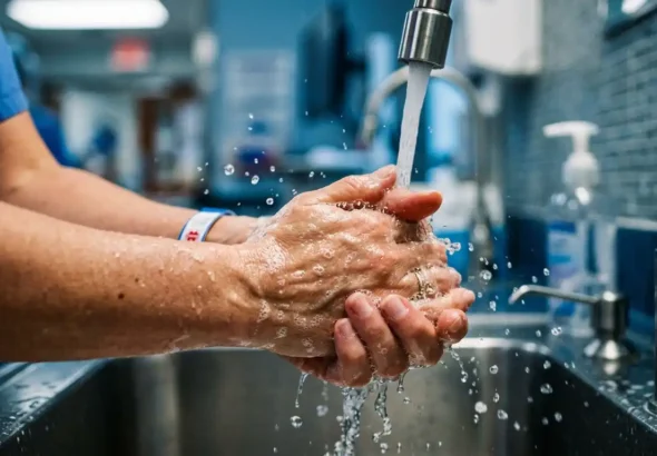Una imagen que muestra a un sanitario en un hospital lavándose con higiene de manos