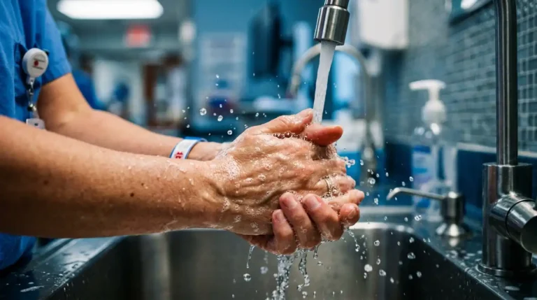 Una imagen que muestra a un sanitario en un hospital lavándose con higiene de manos