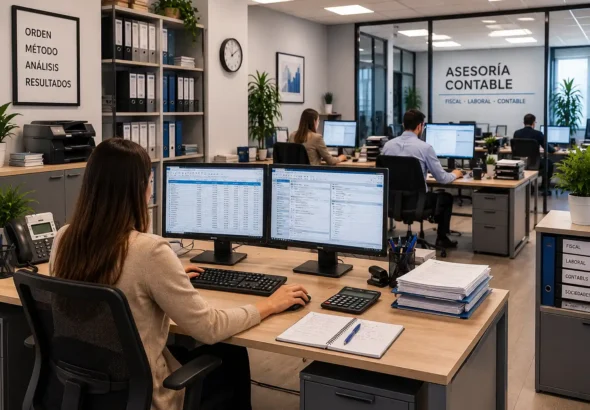 Imagen que muestra la oficina de una gestoría gestionando el nuevo impuesto de sociedades. Recreación digital
