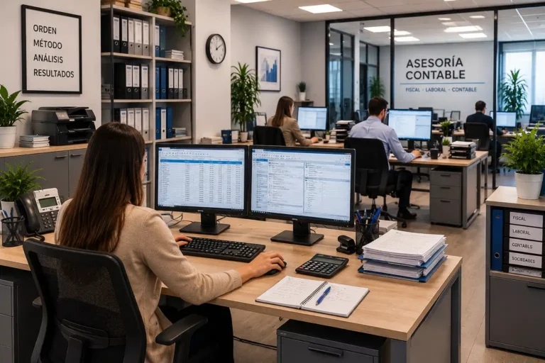 Imagen que muestra la oficina de una gestoría gestionando el nuevo impuesto de sociedades. Recreación digital