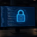 Pantalla de ordenador con código informático y un candado digital que representa la seguridad de la inteligencia artificial mythos.