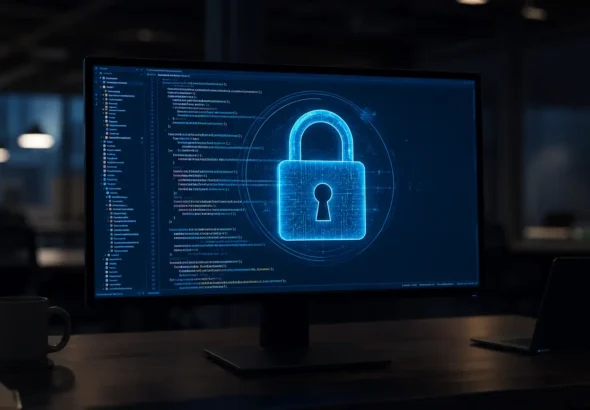 Pantalla de ordenador con código informático y un candado digital que representa la seguridad de la inteligencia artificial mythos.