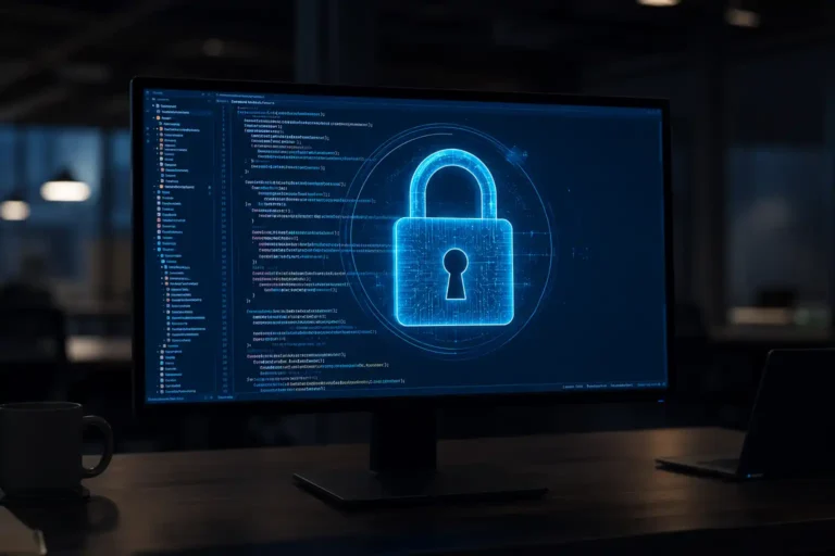 Pantalla de ordenador con código informático y un candado digital que representa la seguridad de la inteligencia artificial mythos.