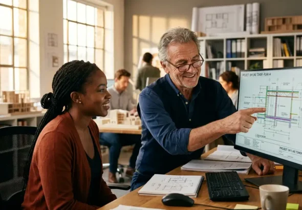 Imagen que muestra a una persona jubilada con una persona joven en una oficina de arquitectos tras el real decreto de jubilación flexible