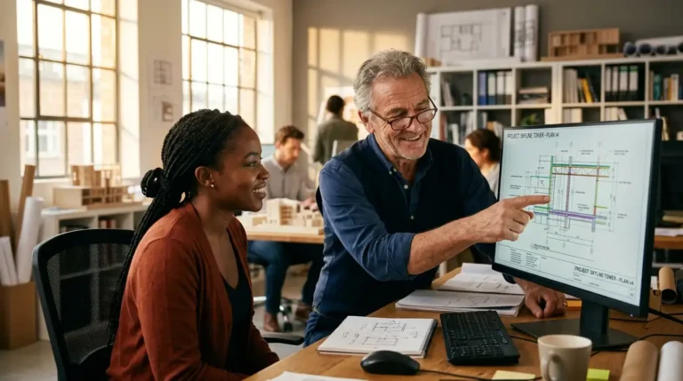 Imagen que muestra a una persona jubilada con una persona joven en una oficina de arquitectos tras el real decreto de jubilación flexible
