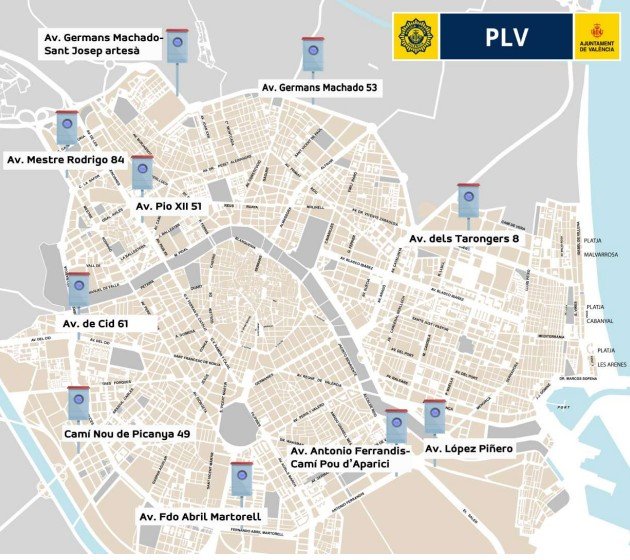 ¿Pasas por aquí a diario? Las 10 avenidas de València que estrenan radar Imagen que muestra el mapa de radar en Valencia con instalaciones en vías principales.
